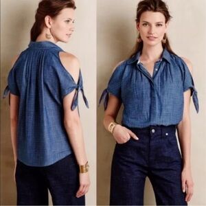 Anthropologie Holding Horses Western Chambray Cold Shoulder Button Down Top 12